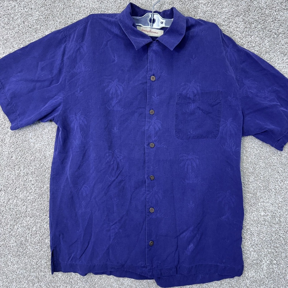 Tommy Bahama Shirt Mens S Purple Short Sleeve Silk Jacquard Palm Tree EUC